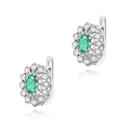 Kolczyki na angielskim zapięciu ze Szmaragdem i Brylantami w owalnym kształcie z białego złota