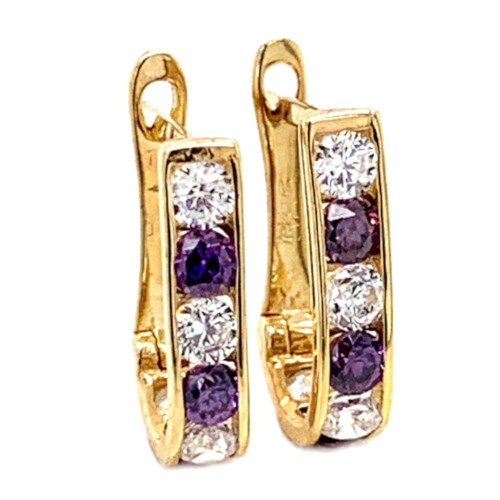 Złote kolczyki z fioletowymi cyrkoniami