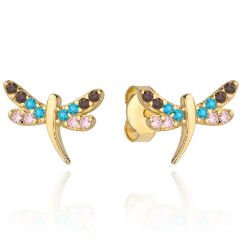 Kolczyki złota ważka wysadzana kolorowymi cyrkoniami 1.05g