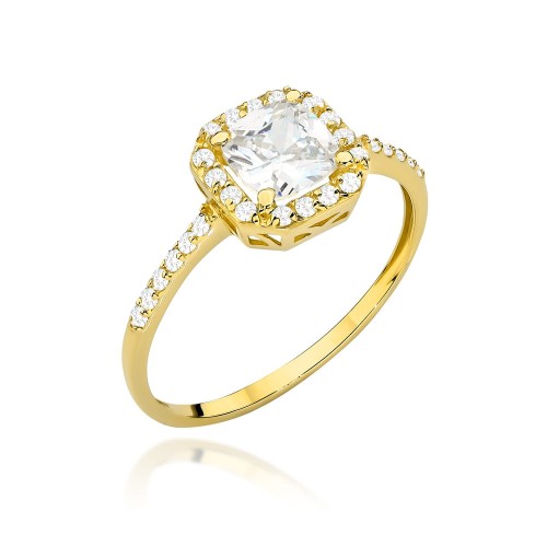 Pierścionek złoty z kwadratowym kamieniem i cyrkoniami