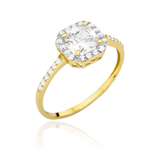 Pierścionek złoty z kwadratowym kamieniem, cyrkoniami i rodowaniem