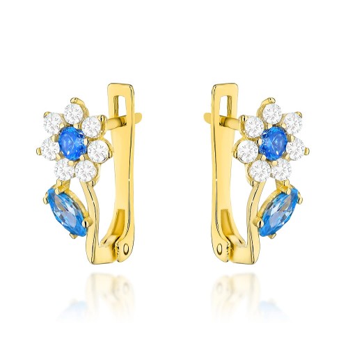 Kolczyki złote kwiatki z niebieskimi cyrkoniami