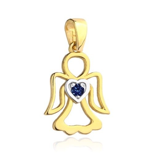 Zawieszka wisiorek Aniołek z niebieską cyrkonią w serduszku 0.66g