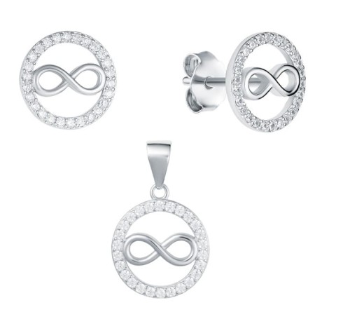 Komplet zawieszka i kolczyki kółko z cyrkoniami ze znakiem nieskończoności