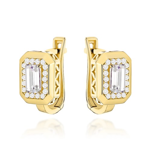 Kolczyki złote z kwadratowym kamieniem i cyrkoniami na angielskim zapięciu