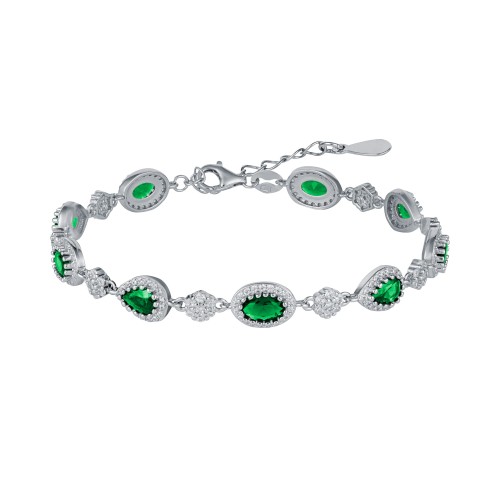 Srebrna bransoletka z zielonymi cyrkoniami owale i łezki