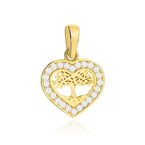 Zawieszka złota drzewko szczęścia w serduszku wysadzanym cyrkoniami