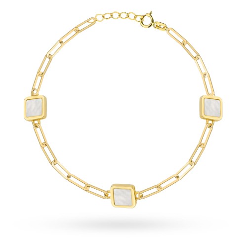 Bransoletka złota długie ogniwa i kwadraty z masą perłową