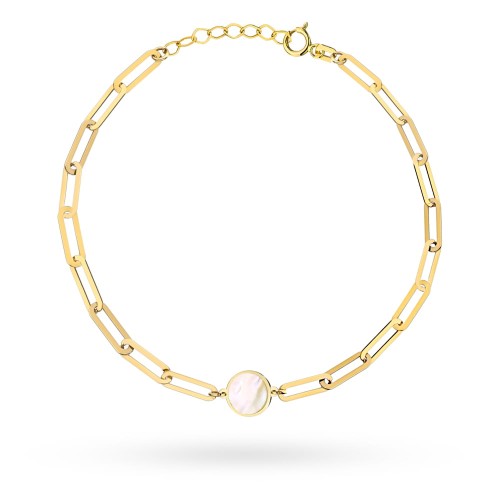 Bransoletka złota długie ogniwa i kółko z masą perłową
