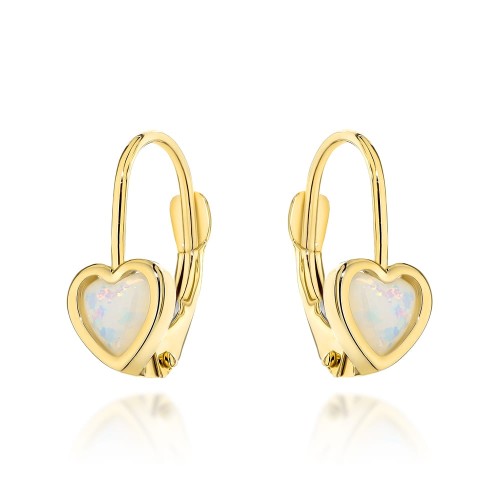 Kolczyki złote serduszka z opalitem na angielskim zapięciu