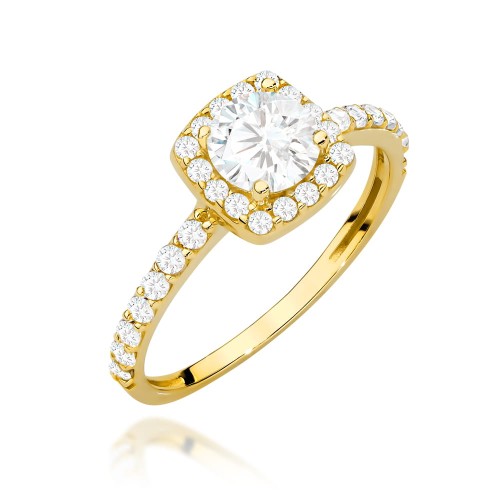 Pierścionek złoty z centralną cyrkonią w kwadracie wysadzany cyrkoniami