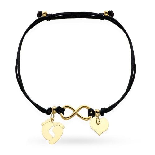 Bransoletka stópki nieskończoność i serce na czarnym sznurku