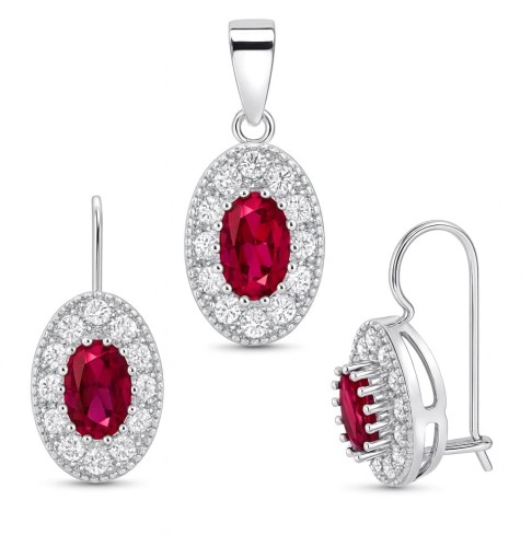 Owalny komplet kolczyki i zawieszka z rubinową cyrkonią