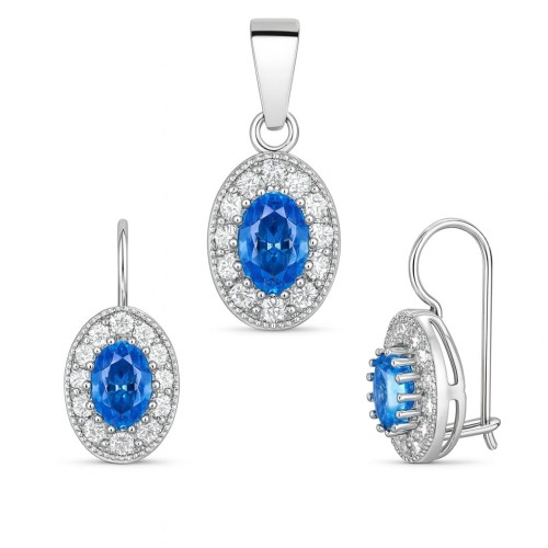 Owalny komplet kolczyki i zawieszka z niebieską cyrkonią