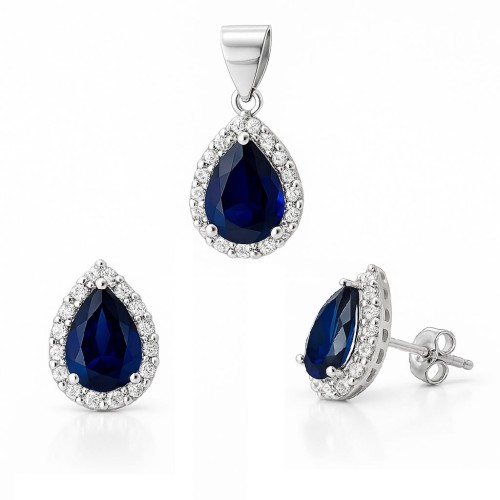 Komplet łezki ze szafirową cyrkonią