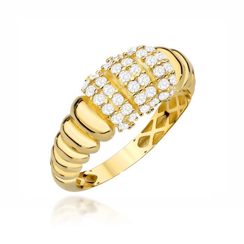 Pierścionek złoty żłobiony z potrójnym rzędem wysadzanym cyrkoniami