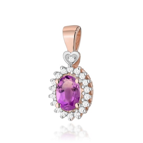 Zawieszka z Ametystem i Brylantami owalna z sercem z różowego złota