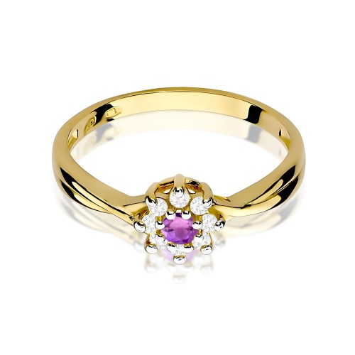 Pierścionek z brylatami i ametystem 0,10ct kwiatek żółte złoto