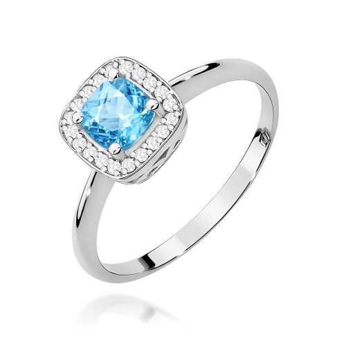 Pierścionek z białego złota z topazem i brylantami kwadrat