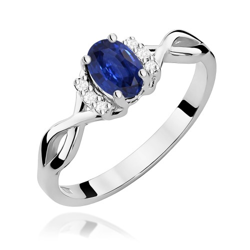 Pierścionek z białego złota z owalnym Szafirem i brylantami