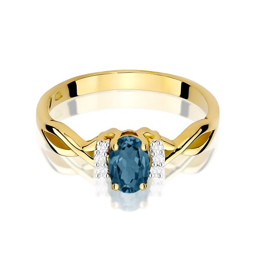 Złoty pierścionek z Topazem London Blue i brylantami ze skręconą szyną