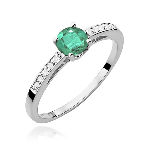 Złoty pierścionek z Szmaragdem i brylantami na szynie z białego złota