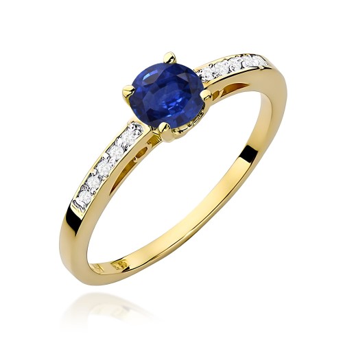 Złoty pierścionek z Szafirem i brylantami na szynie