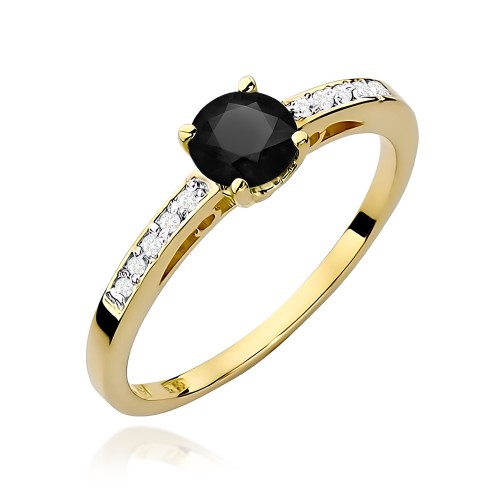 Złoty pierścionek z czarnym Brylantem i brylantami na szynie