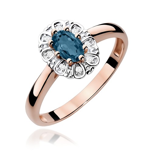 Pierścionek z różowego złota z Topazem w ozdobnej oprawie z brylantami
