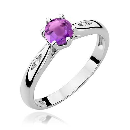 Pierścionek z okrągłym Ametystem 0,50ct i brylantami na szynie białe złoto