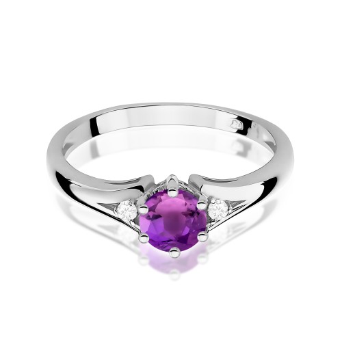 Pierścionek z okrągłym Ametysemt 0,50ct oraz brylantami z białego złota