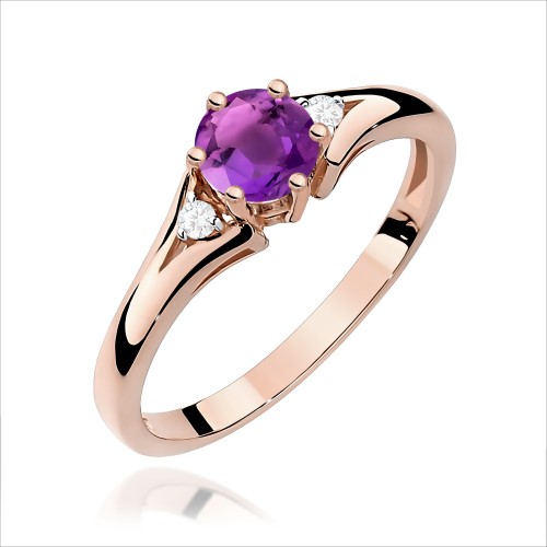 Pierścionek z okrągłym Ametystem 0,50ct oraz brylatami różowe złoto