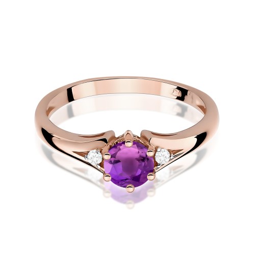 Pierścionek z okrągłym Ametystem 0,50ct oraz brylatami różowe złoto