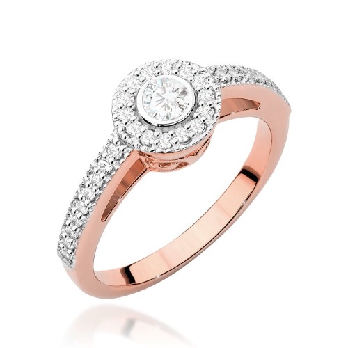 Pierścionek z różowego złota w okrągłym kształcie zdobiony brylantami z brylantem centralnym