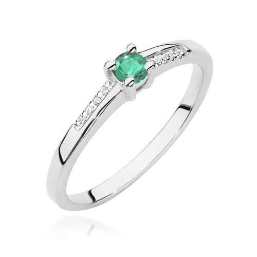 Pierścionek ze Szmaragdem 0,15ct i brylantami białe złoto