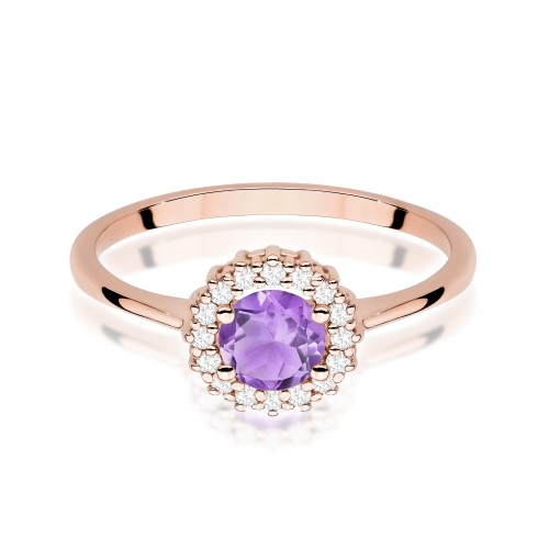 Pierścionek z różowego złota z okrągłym ametystem i brylantami dookoła