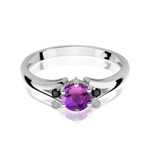 Pierścionek z białego złota z okrągłym Ametyst 0,50ct i czarnymi diamentami