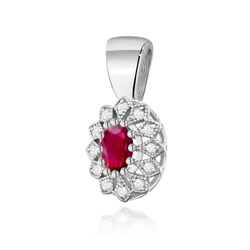Zawieszka z Rubinem i Brylantami owalny kwiatek z białego złota