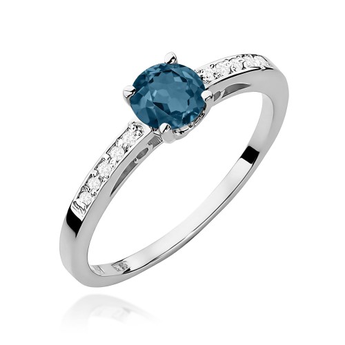 Pierścionek z białego złota z Topazem London Blue i brylantami na szynie