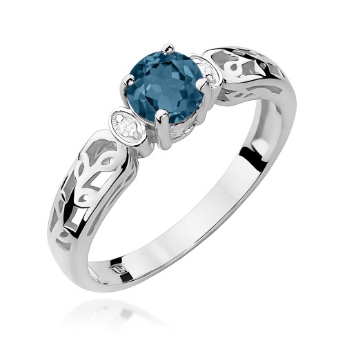 Pierścionek z białego złota Topazem London Blue i brylantami z ażurową szyną