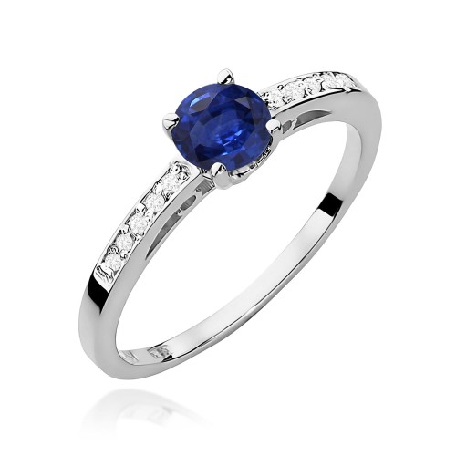 Pierścionek z białego złota z Szafirem i brylantami na szynie