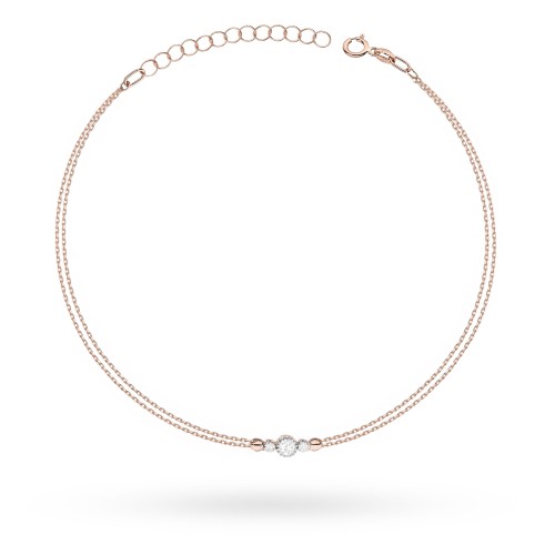 Bransoletka z różowego złota z trzema brylantami na podwójnym łańcuszku