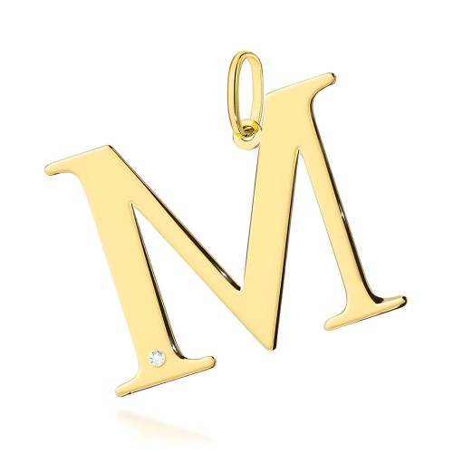 Złota zawieszka litera M z brylantem