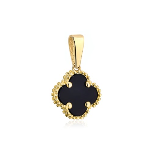 Zawieszka czarna koniczynka w oprawie złotych kuleczek 11mm