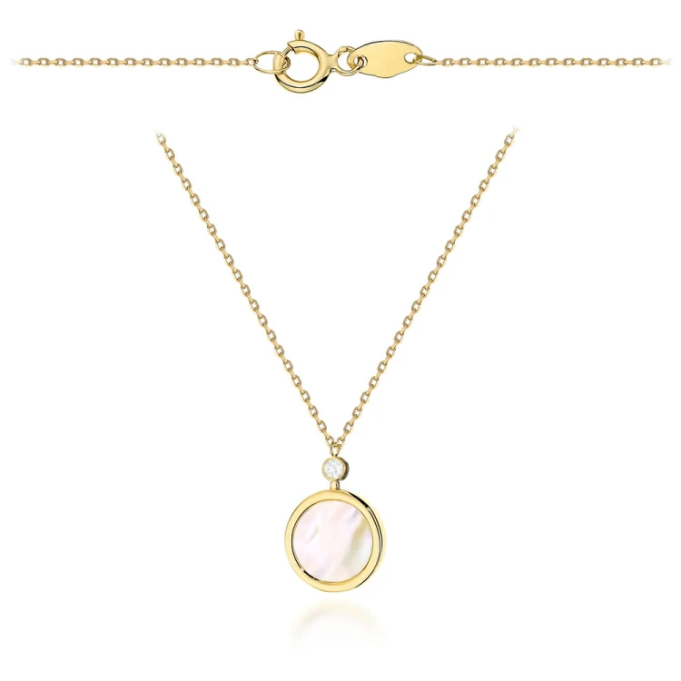 Naszyjnik złoty kółko z masą perłową i cyrkonią
