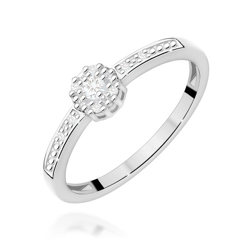 Pierścionek z brylantami na szynie i w centrum z białego złota