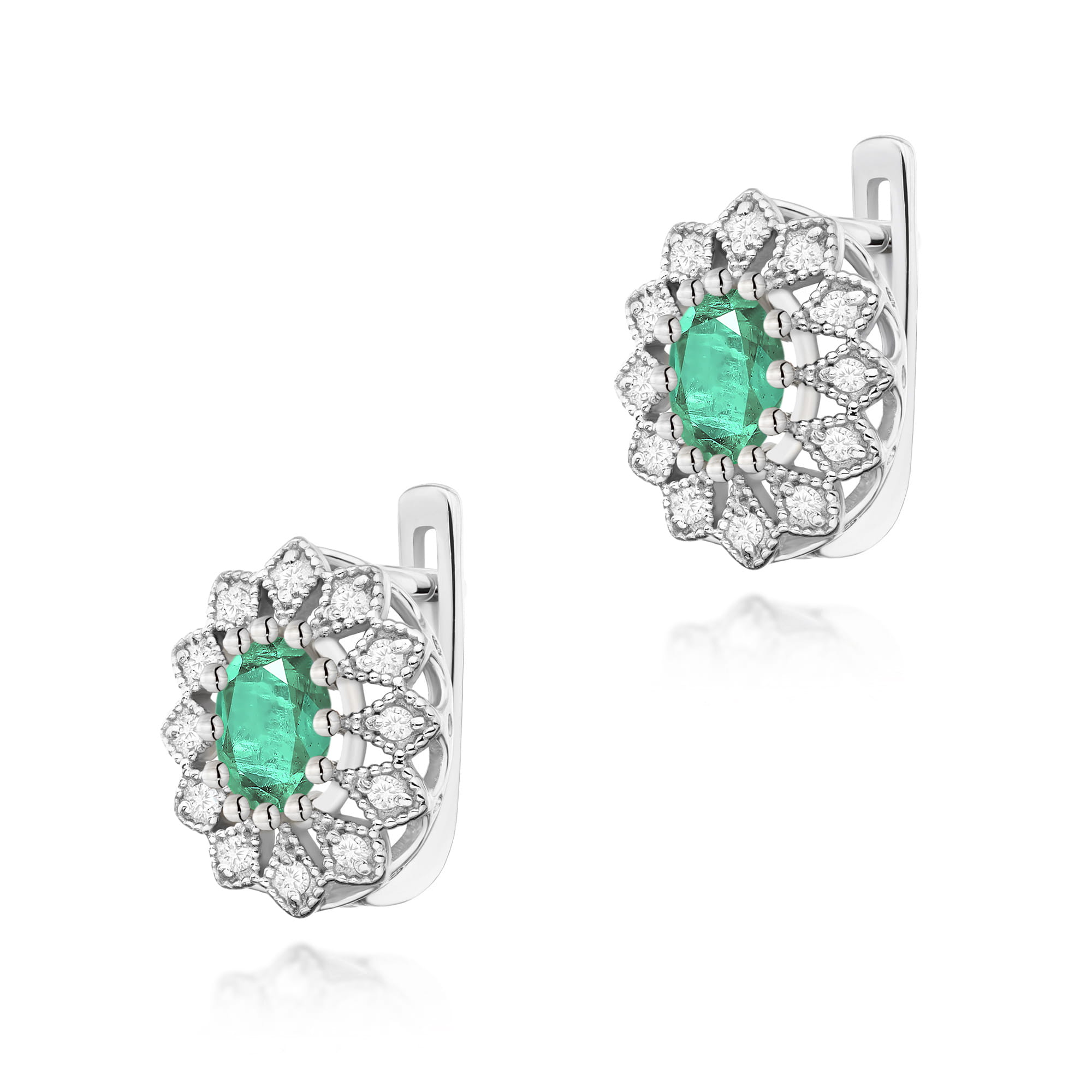 Kolczyki na angielskim zapięciu ze Szmaragdem i Brylantami w owalnym kształcie z białego złota