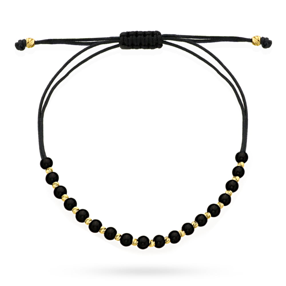 Bransoletka przeplatane diamentowane i czarne kuleczki na czarnym sznurku