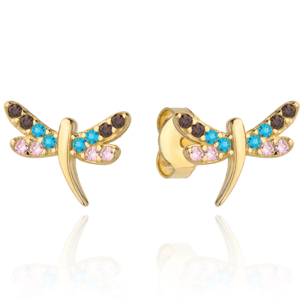 Kolczyki złota ważka wysadzana kolorowymi cyrkoniami 1.05g