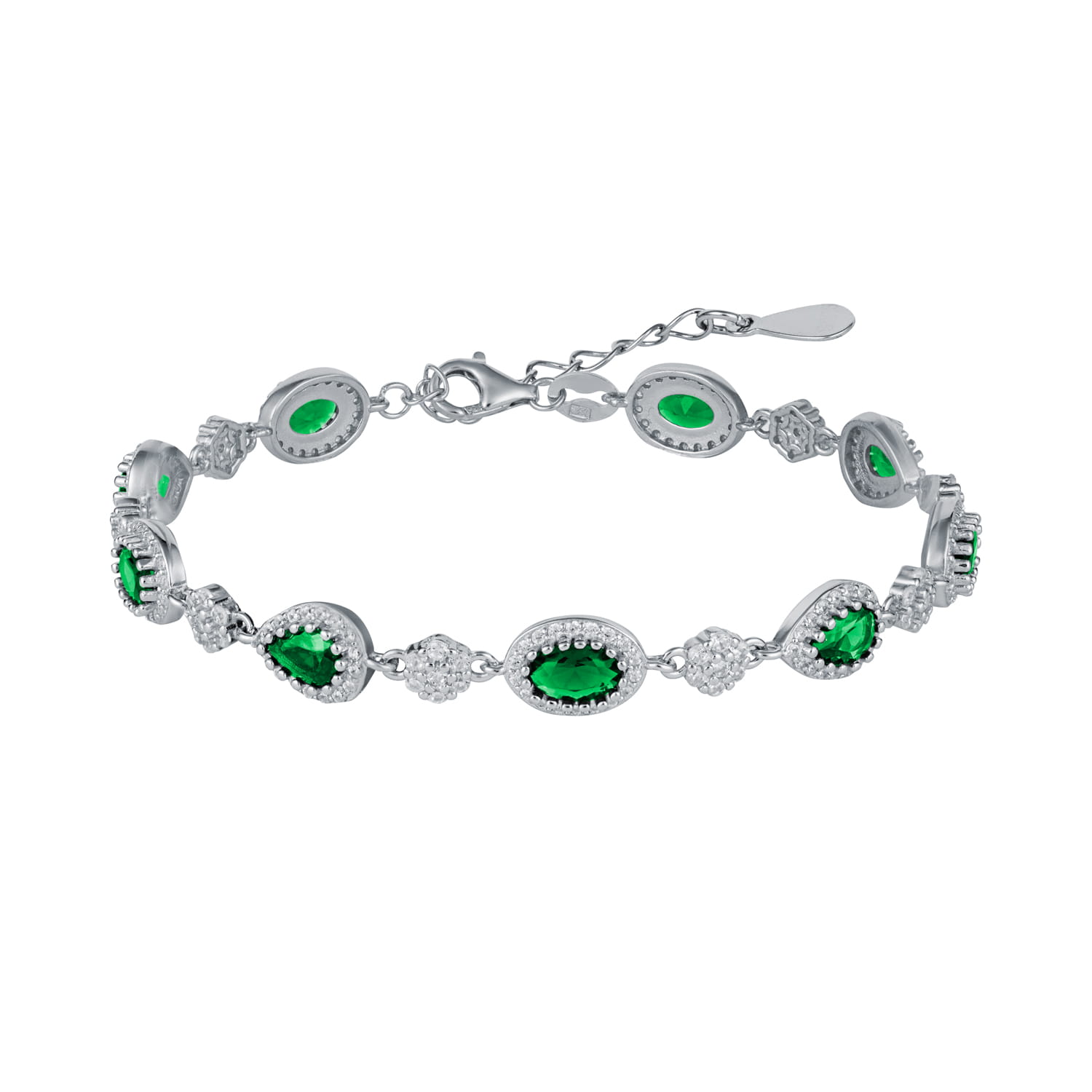 Srebrna bransoletka z zielonymi cyrkoniami owale i łezki